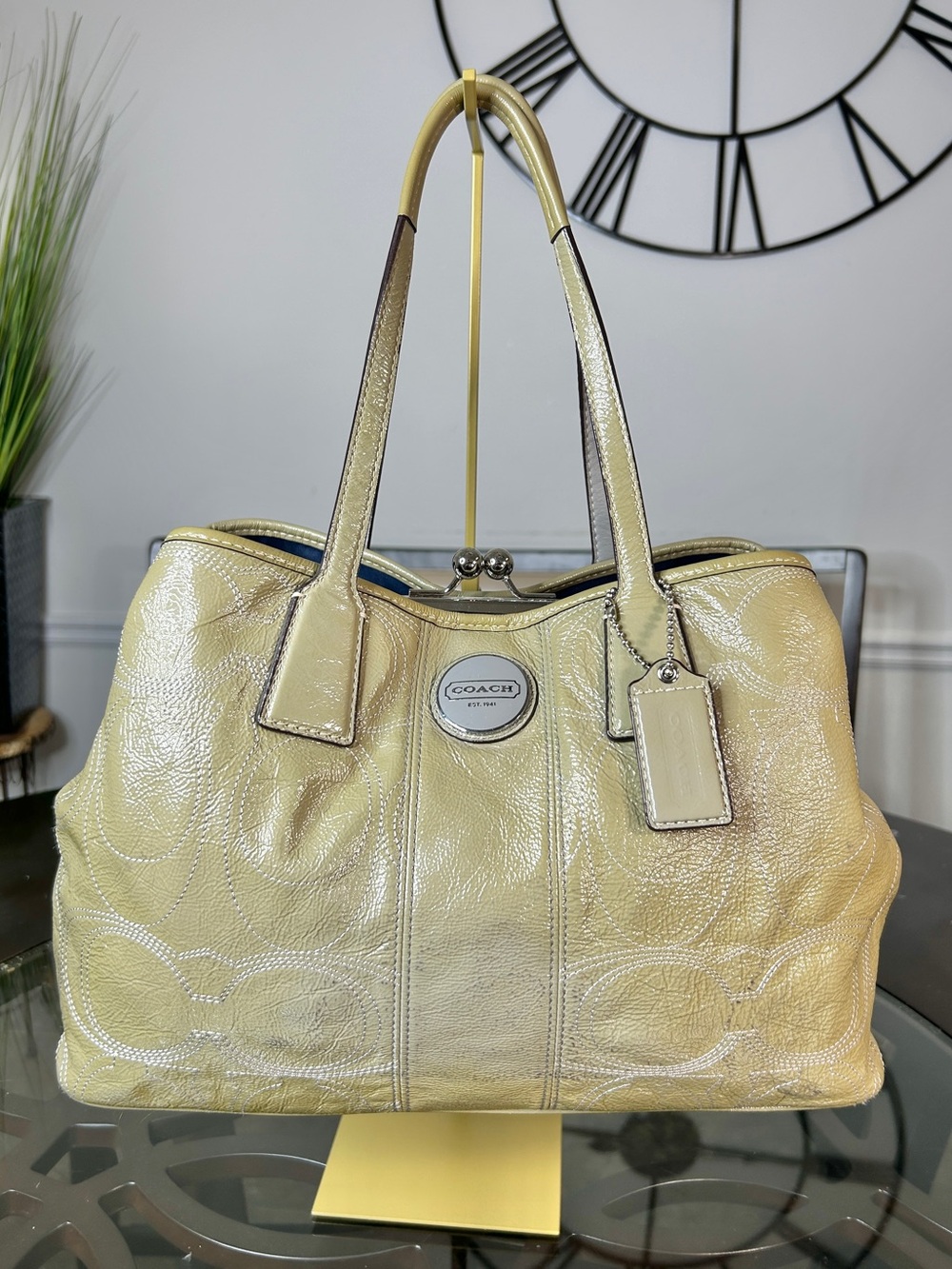 Coach Stitched Signature C Patent Leather Kisslock Tote Bag Gray F15658